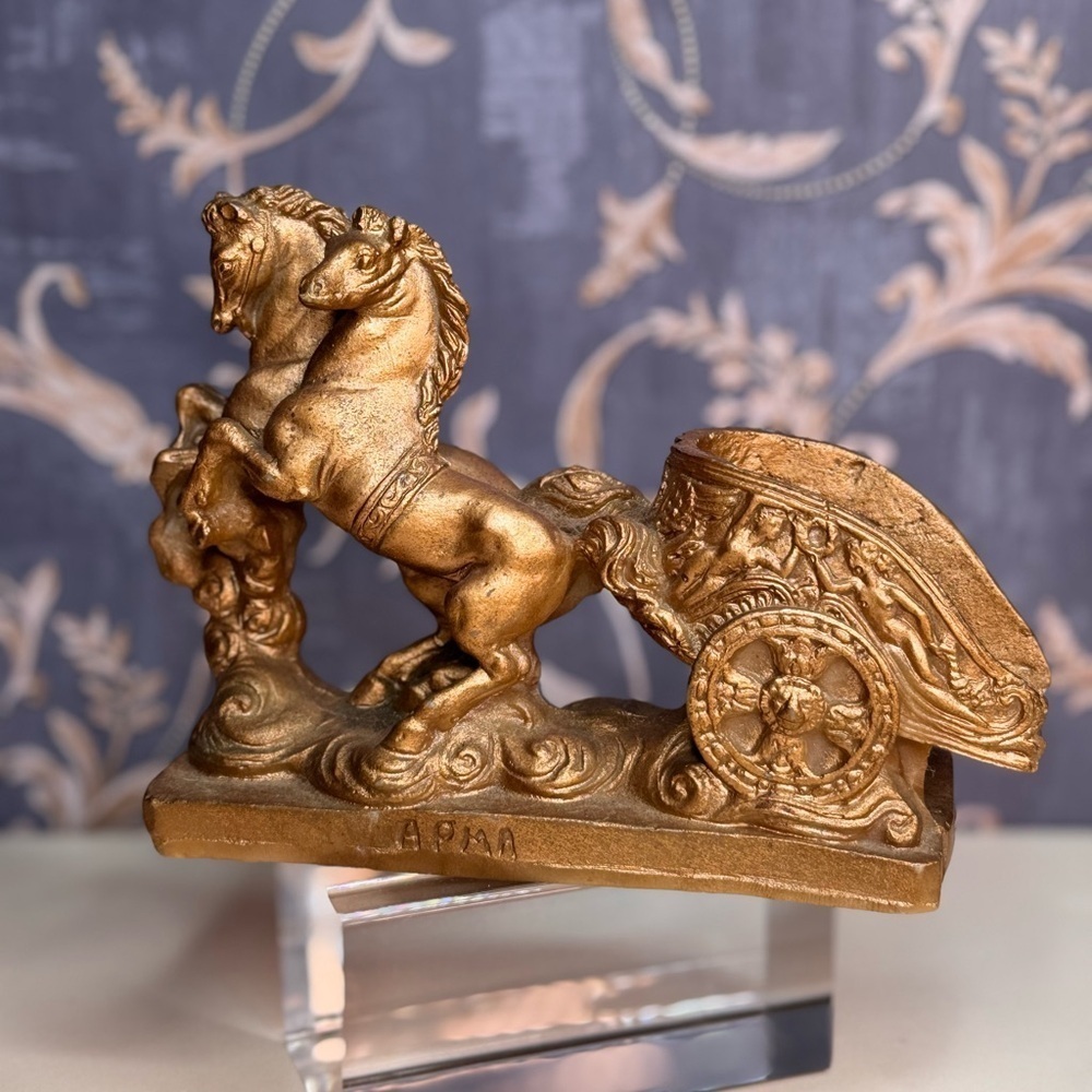 Vintage Estate Gold Resin Horse and Chariot Figurine Made in Greece